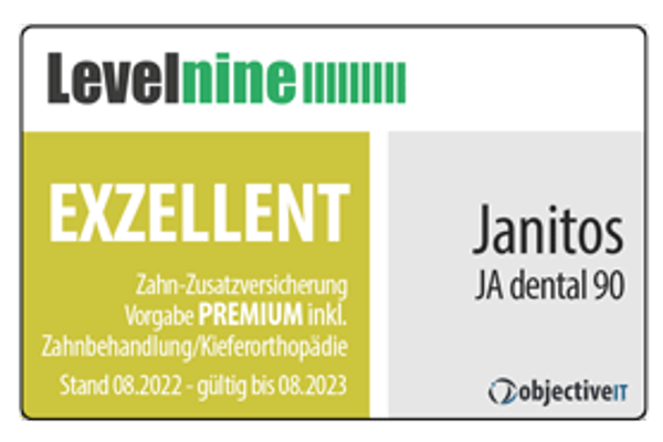Janitos Zahnzusatzversicherung JA dental 90 Exzellent | Test Levelnine/Objective IT 2021 Janitos Zahnzusatzversicherung JA dental 90 Exzellent | Test Levelnine/Objective IT 2021