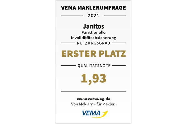 VEMA Qualitätssiegel Erster Platz Janitos Invaliditätsabsicherung