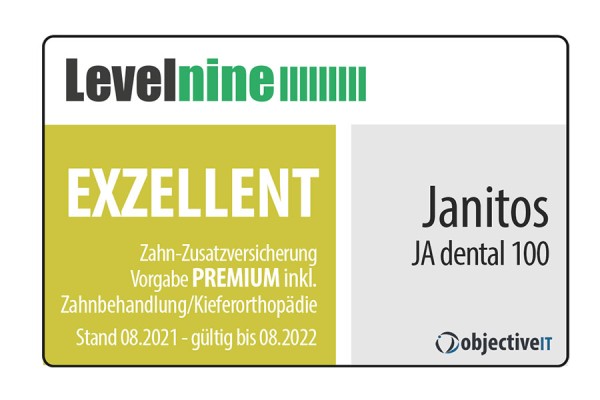 Janitos Zahnzusatzversicherung JA dental 100 Exzellent | Test Levelnine/Objective IT 2021 Janitos Zahnzusatzversicherung JA dental 100 Exzellent | Test Levelnine/Objective IT 2021