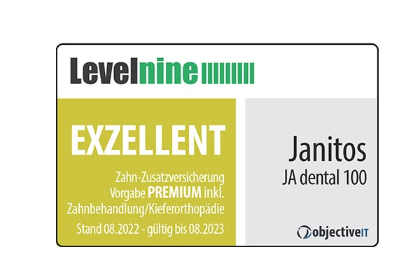 Janitos Zahnzusatzversicherung JA dental 100 Exzellent | Test Levelnine/Objective IT 2021 Janitos Zahnzusatzversicherung JA dental 100 Exzellent | Test Levelnine/Objective IT 2021